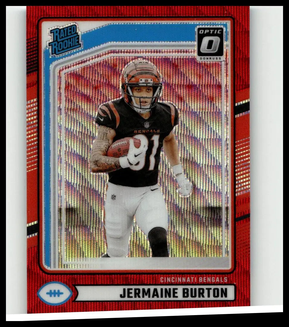 Red and blue holographic border 2024 donruss jermaine burton optic rated rookies preview sports trading card