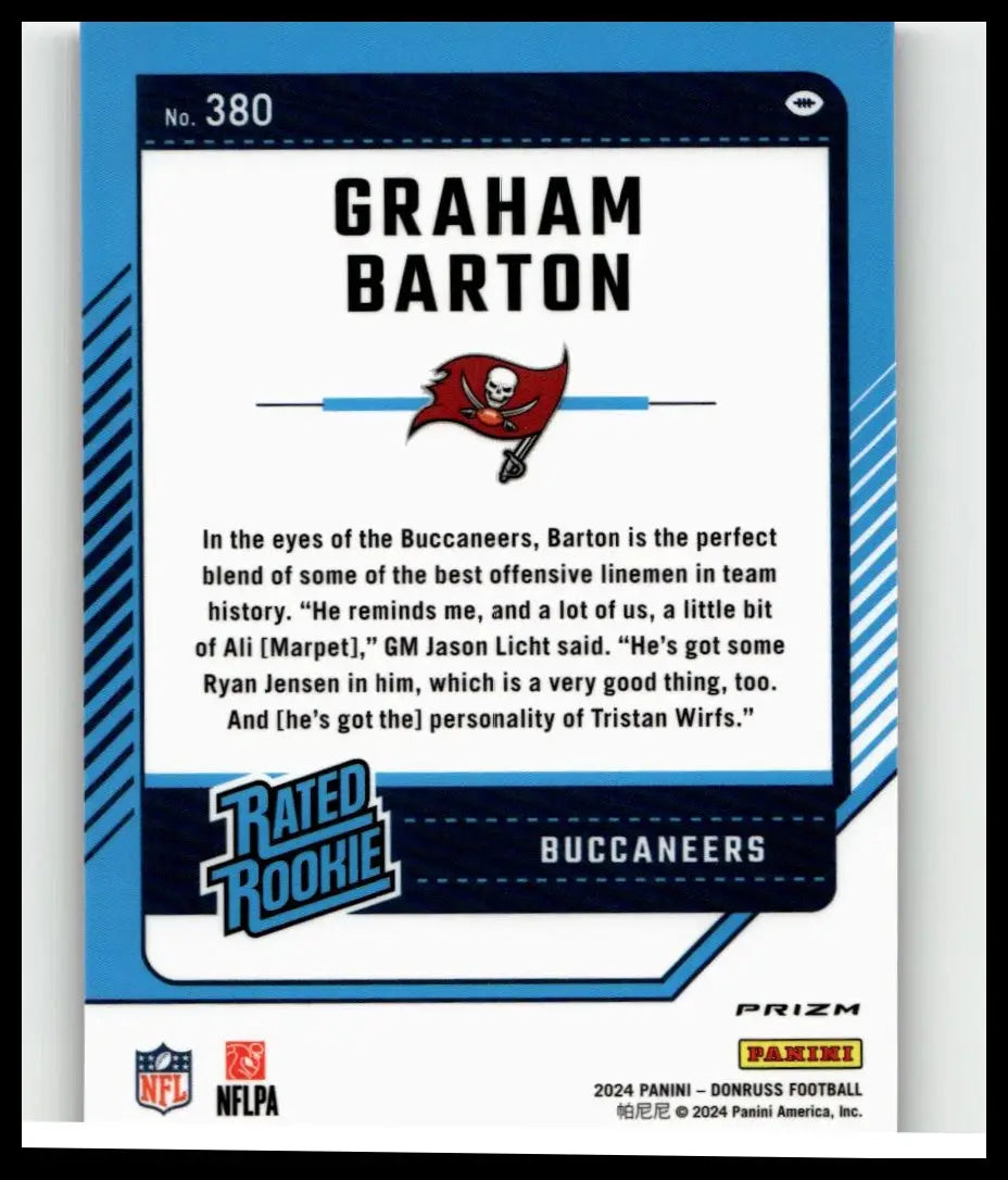 Blue and white 2024 donruss graham barton optic rated rookie football trading card with red skull logo