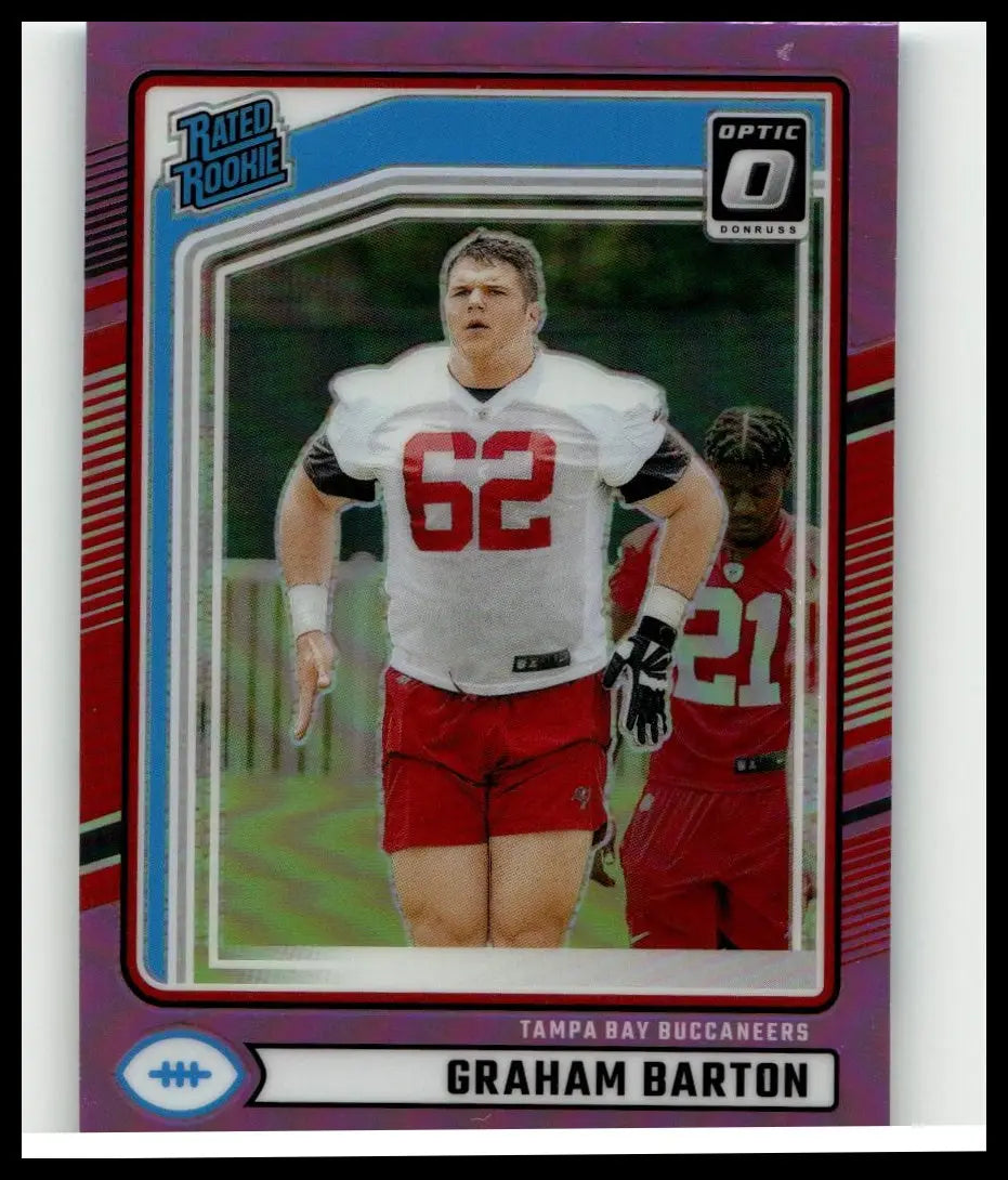 A 2024 Donruss #380 Graham Barton optic rated rookies preview pink football card featuring Barton in white and red jersey
