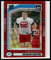 Red and silver holographic border frames a graham barton optic rated rookie card in tampa bay buccaneers white jersey