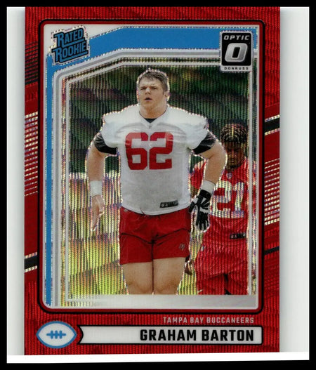 Red and silver holographic border frames a graham barton optic rated rookie card in tampa bay buccaneers white jersey