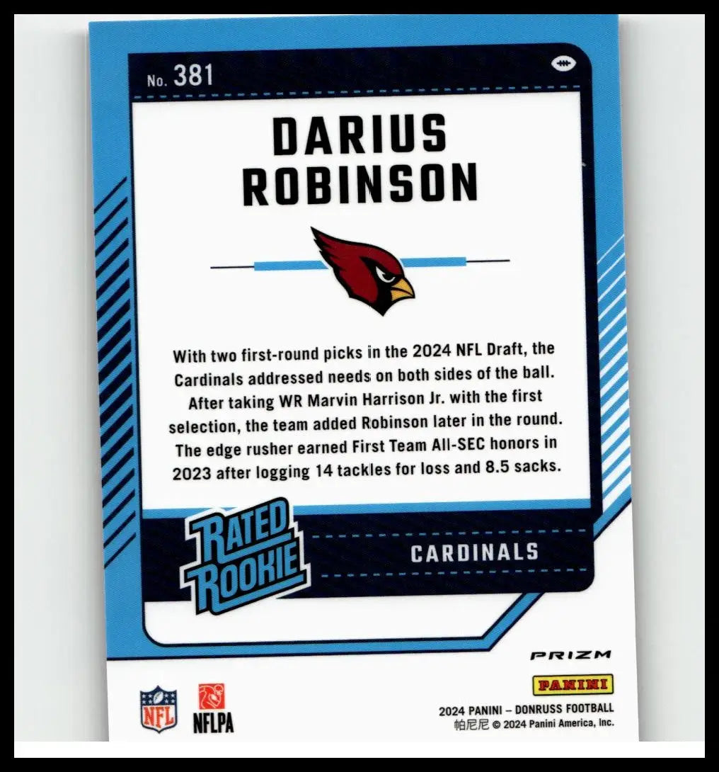 Blue and white 2024 donruss prizm football trading card featuring darius robinson optic rated rookie of the cardinals
