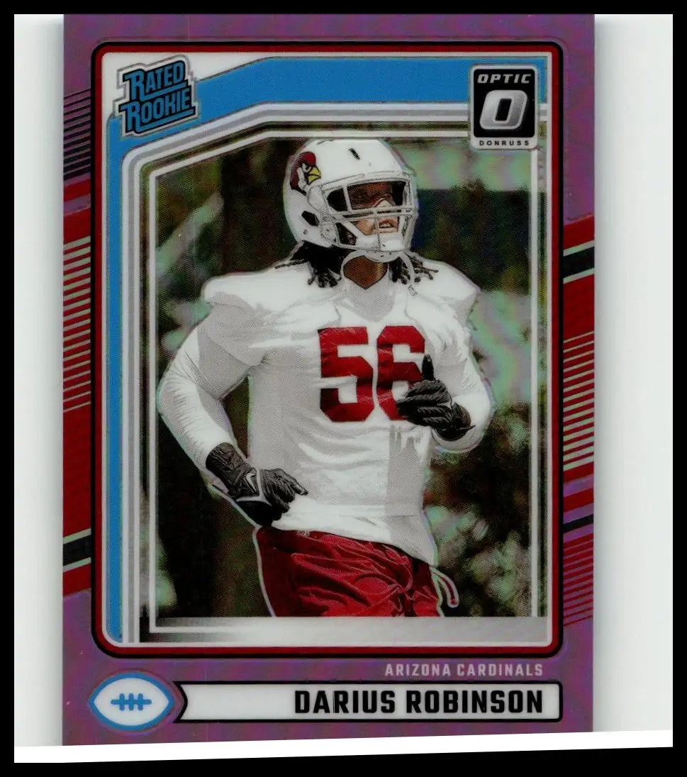 2024 donruss pink darius robinson optic rated rookie football card featuring robinson in white jersey number 56 and red pants