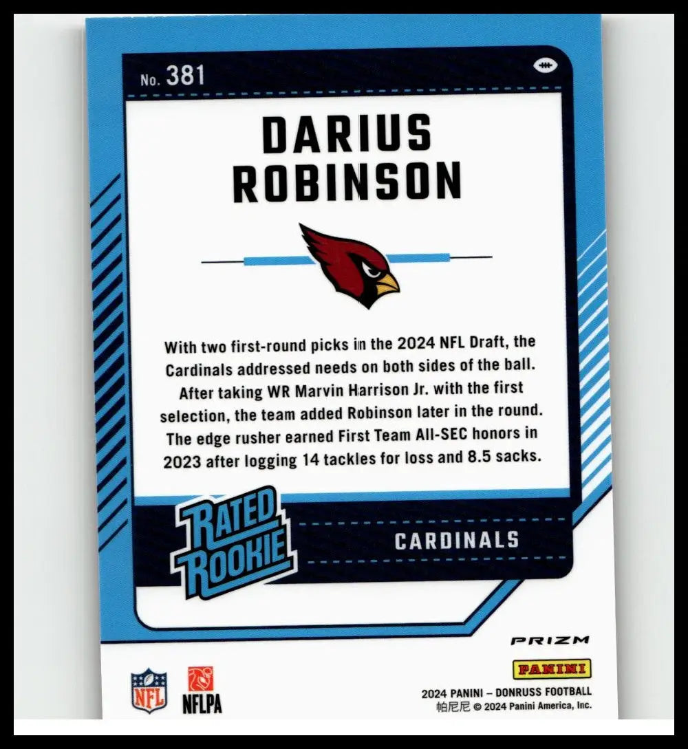 Blue and white 2024 Donruss Darius Robinson optic rated rookie football card with Cardinals logo and draft details