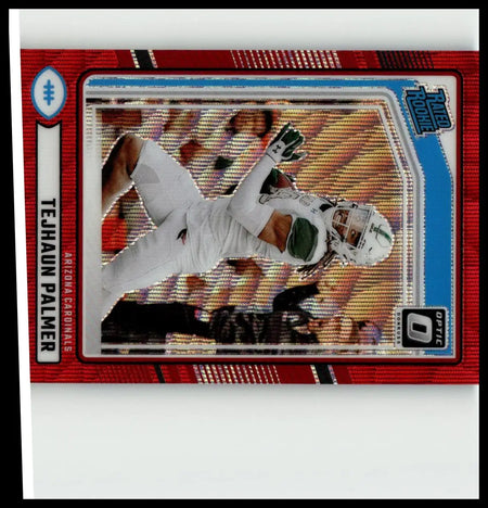 Red and blue bordered 2024 donruss tejhaun palmer optic rated rookie football trading card in white and green uniform