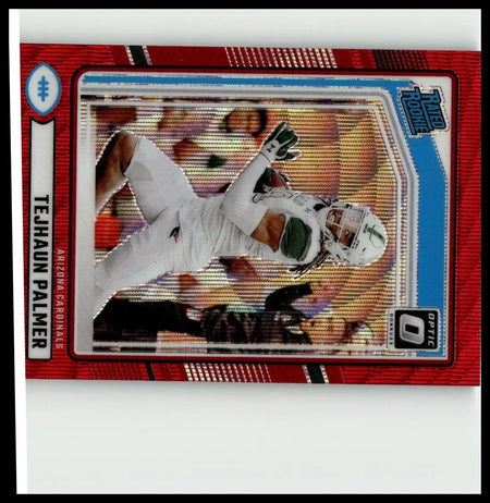 Red and blue bordered 2024 donruss #384 tejhaun palmer optic rated rookies preview football card in white and green uniform