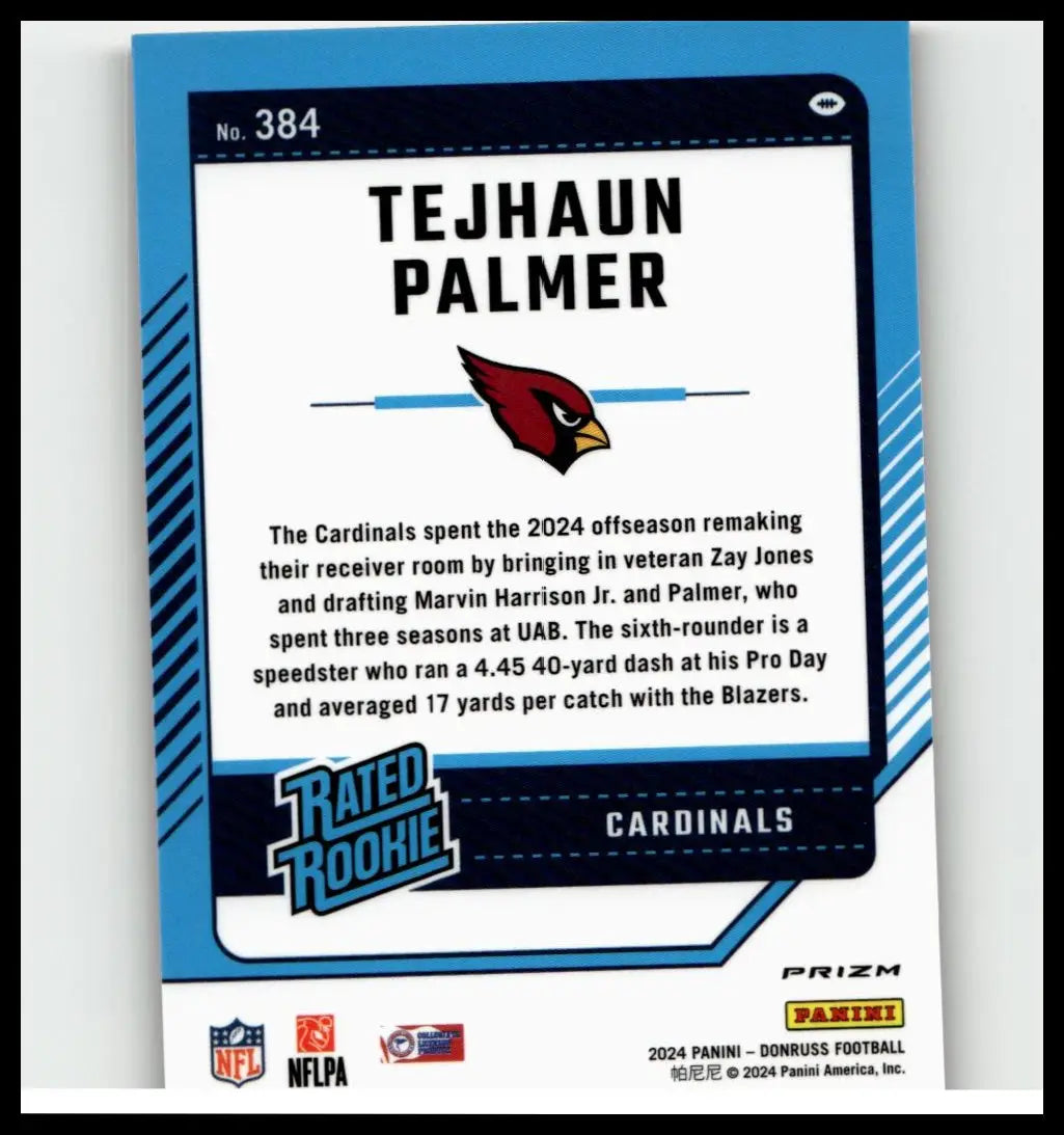 Blue and white 2024 donruss football trading card featuring tejhaun palmer optic rated rookie from arizona cardinals