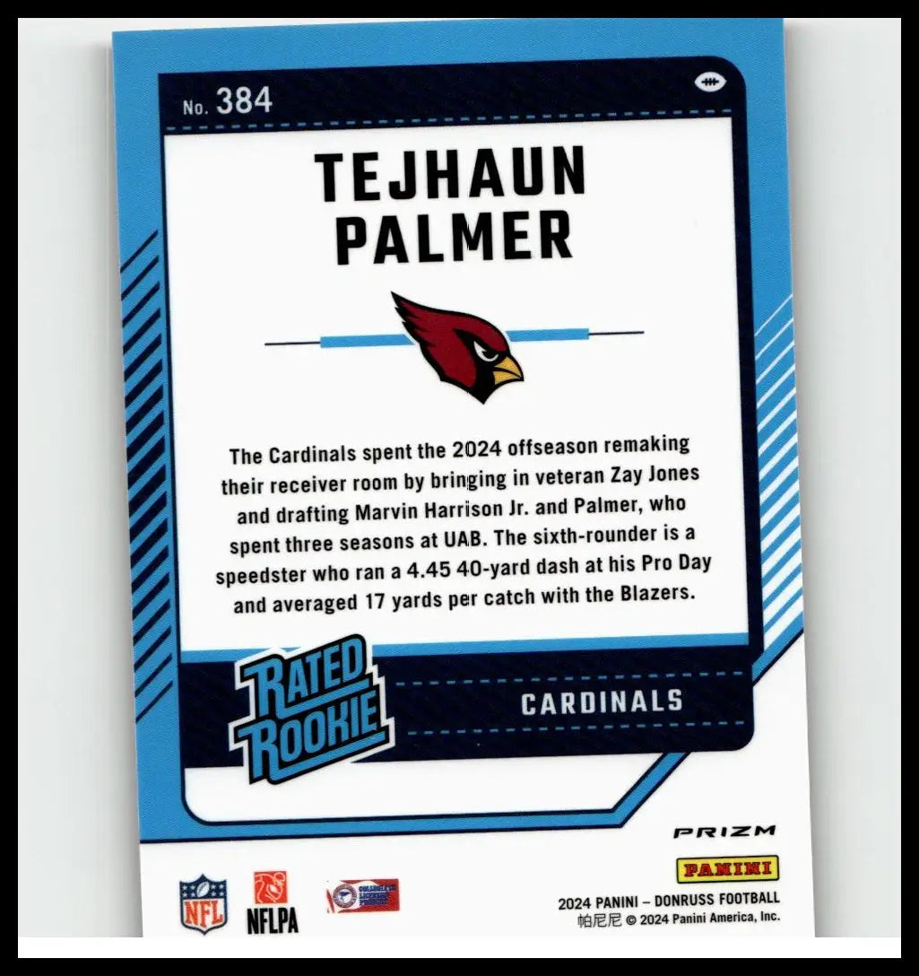 Blue and white 2024 donruss tejhaun palmer optic rated rookies football trading card with red cardinal logo