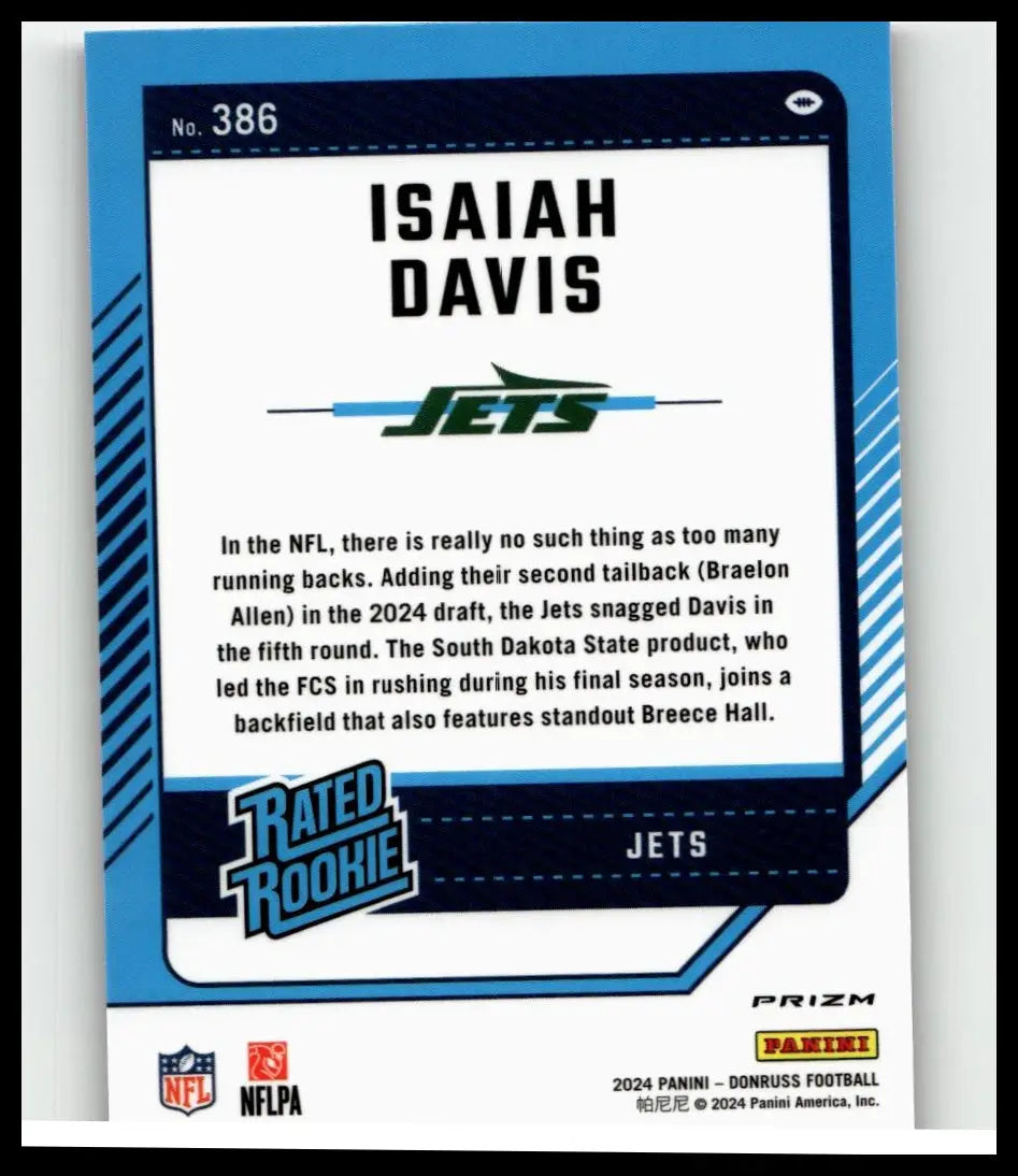Blue and white 2024 donruss football trading card featuring isaiah davis optic rated rookie of the jets