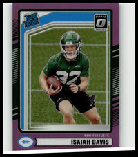 2024 donruss 386 isaiah davis optic rated rookie card with purple and blue border in green jersey holding football
