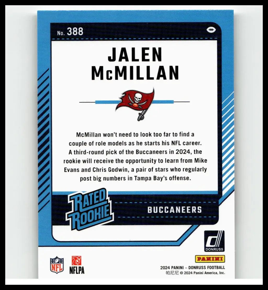 Blue and white 2024 Donruss football trading card featuring jalen mcmillan of the buccaneers for toys and games
