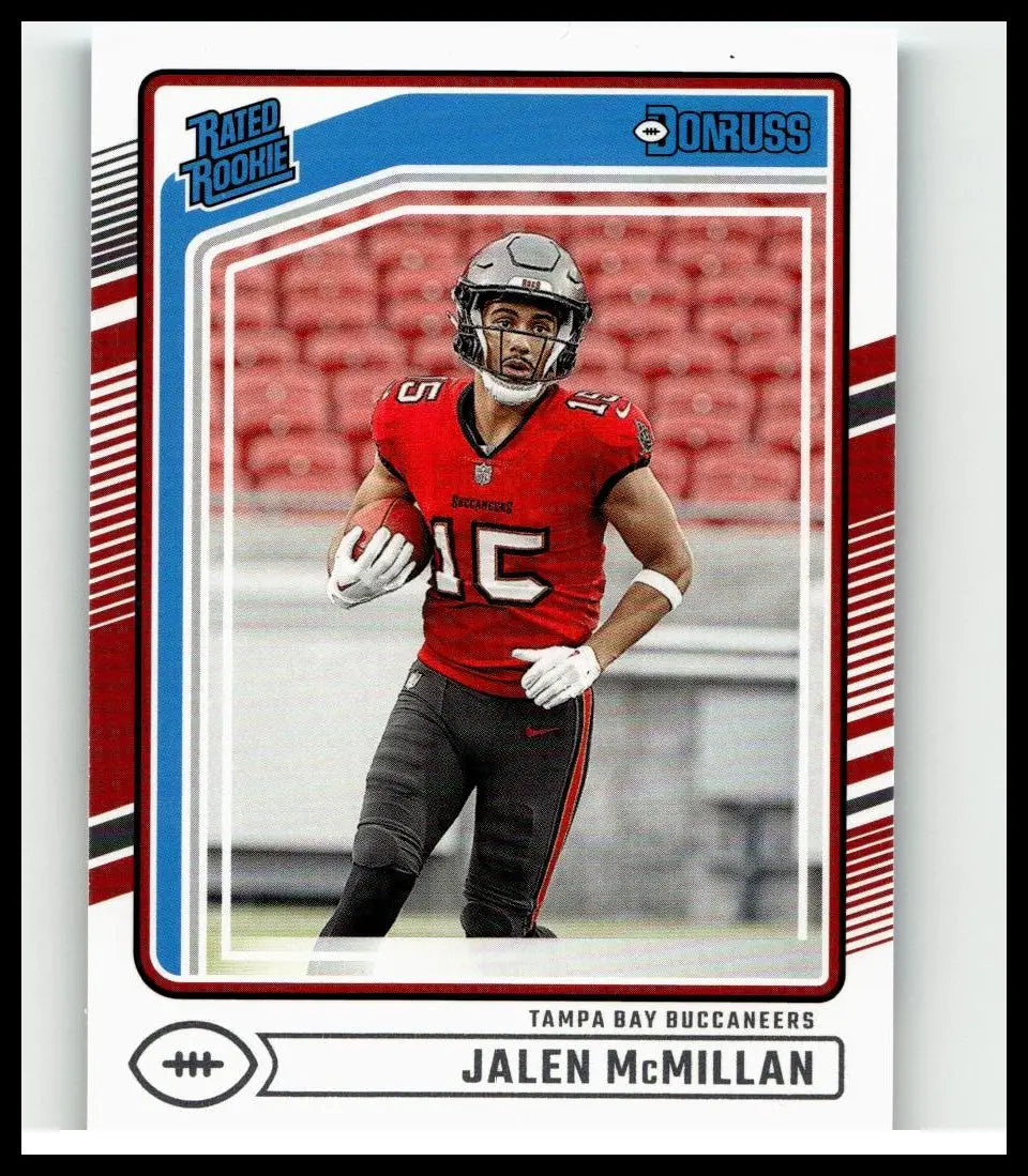 Red and black tampa bay buccaneers football trading card 2024 donruss #388 featuring jalen mcmillan in uniform