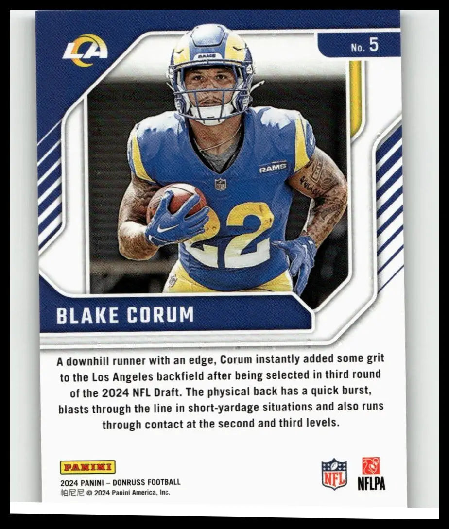 Blue and yellow los angeles rams football trading card featuring blake corum in number 22 uniform from blake corum elite series