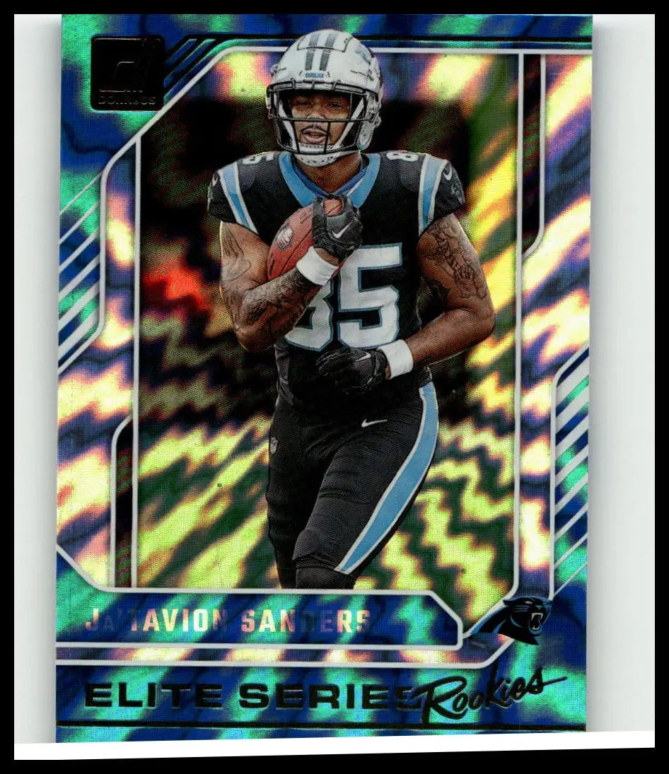 A vibrant iridescent 2024 donruss sanders elite series football trading card featuring ja tavion sanders in carolina panthers uniform number 35