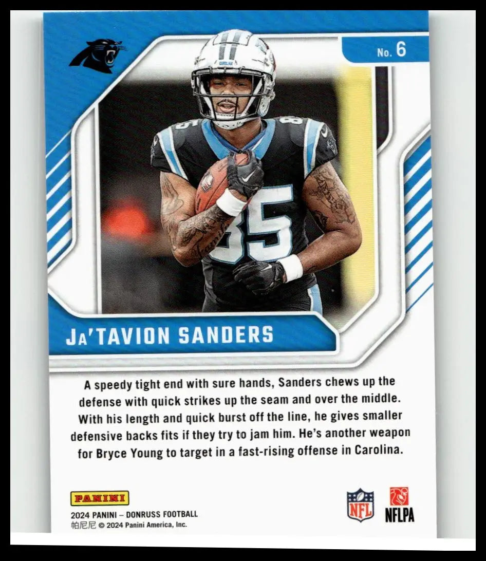 Blue and white 2024 donruss football trading card featuring ja’tavion sanders in black jersey holding orange ball elite series rookies
