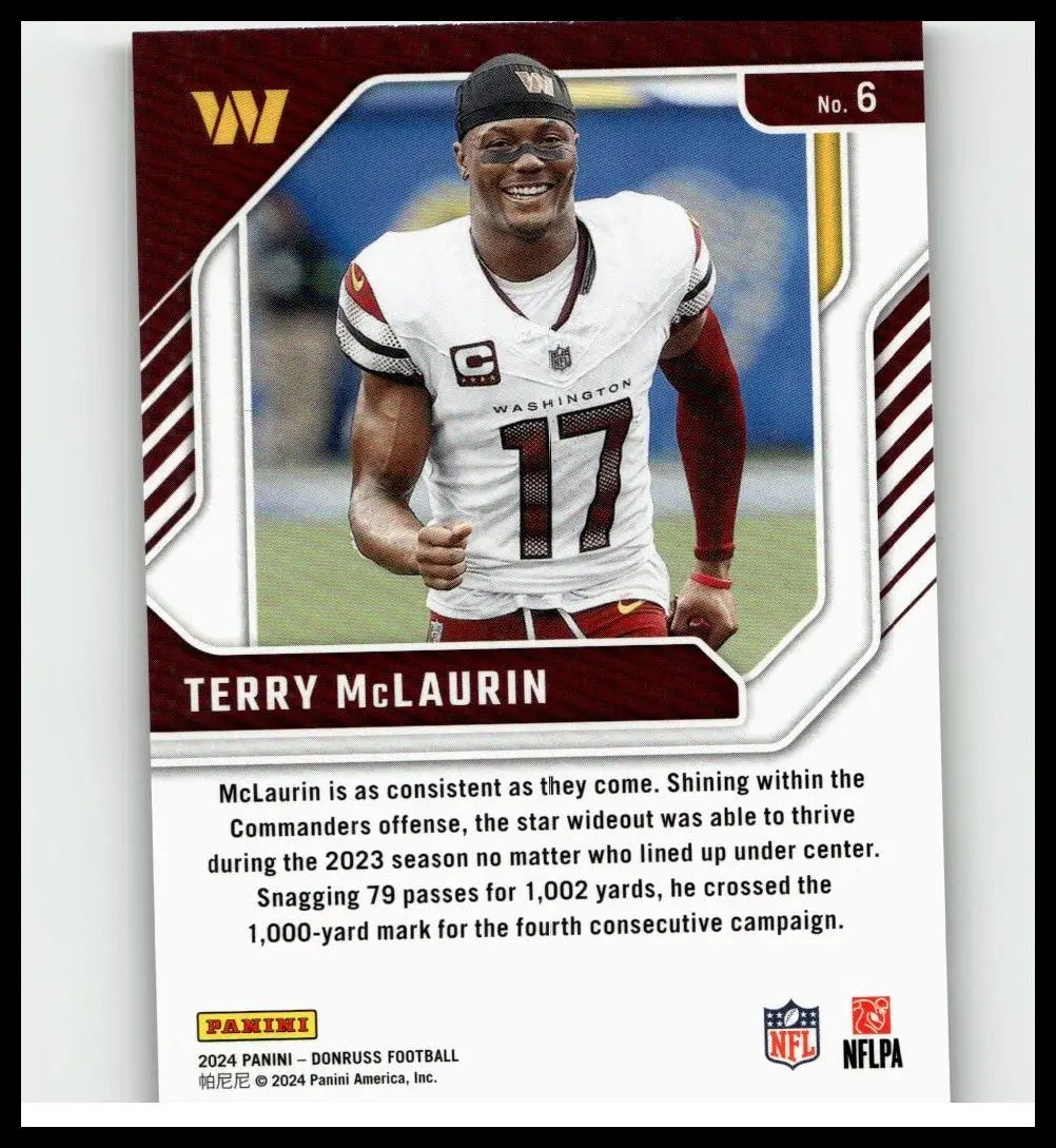 White and maroon washington commanders football trading card featuring terry mclaurin in jersey 17 from 2024 donruss terry mclaurin elite series