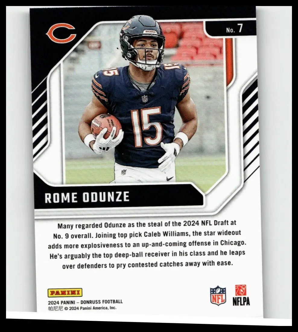2024 donruss rome odunze elite series rookies football card featuring chicago bears number 7 jersey back view