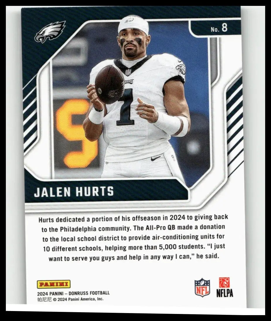 2024 donruss jalen hurts elite series football card featuring jalen hurts in white jersey holding a football