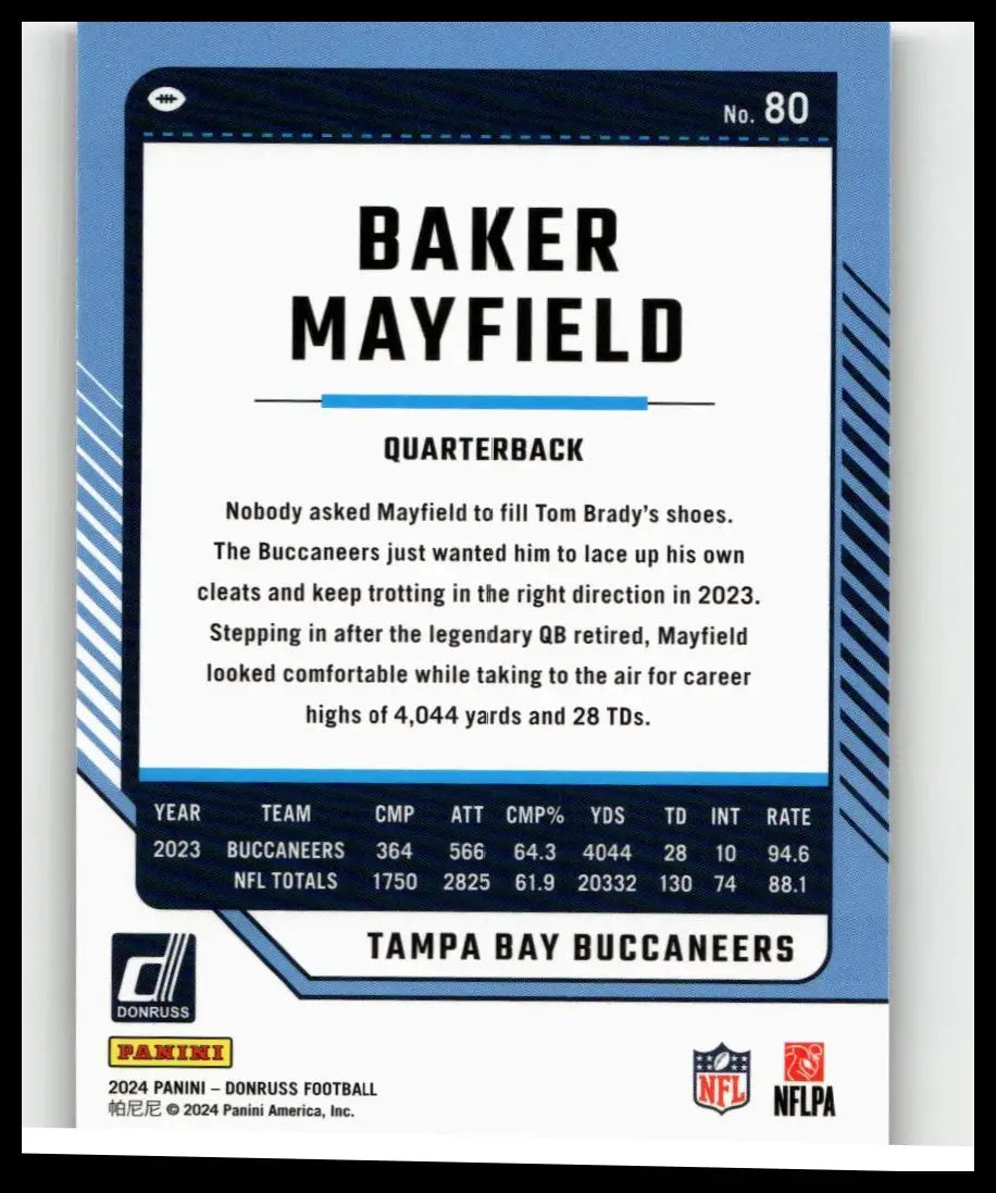 Blue and white 2024 donruss football trading card featuring baker mayfield season stat line numbered out of 500