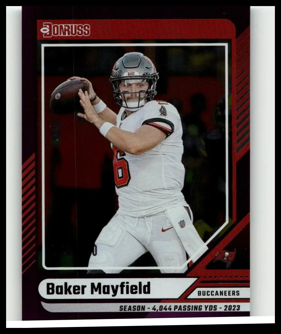 Donruss 2023 football trading card featuring baker mayfield in white buccaneers uniform with mayfield season stat line