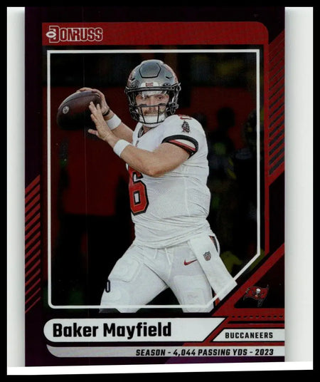 Donruss 2023 football trading card featuring baker mayfield in white buccaneers uniform with mayfield season stat line