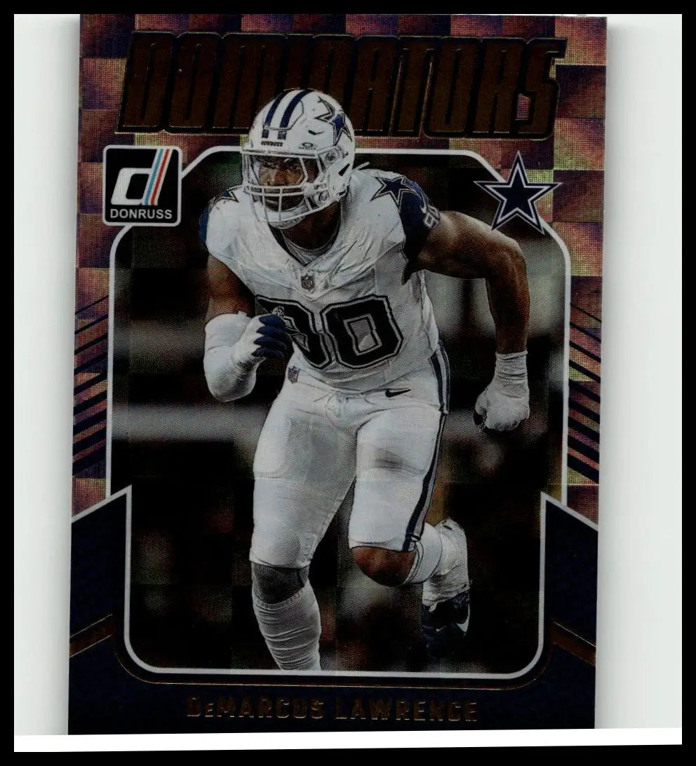 White Dallas Cowboys football player DeMarcus Lawrence in helmet and gloves featured on 2024 Donruss 9 Lawrence Dominators card