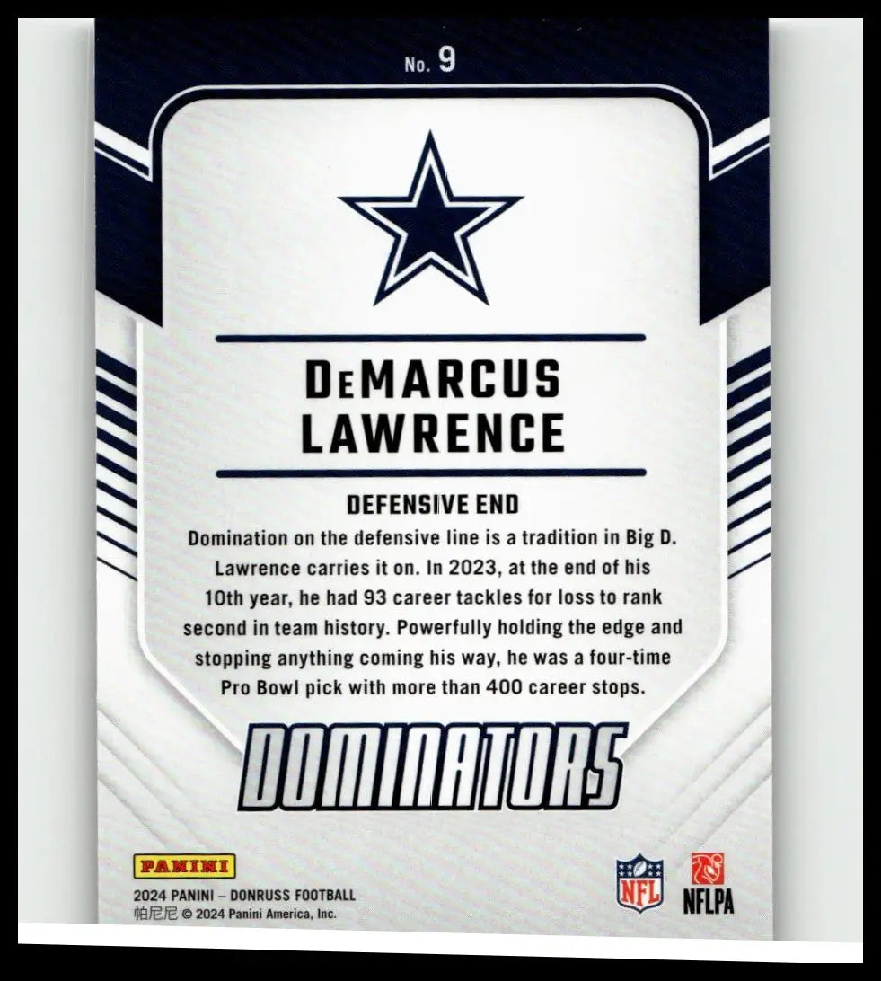 A white and navy blue 2024 donruss #9 demarcus lawrence dominators football trading card with dallas cowboys star logo