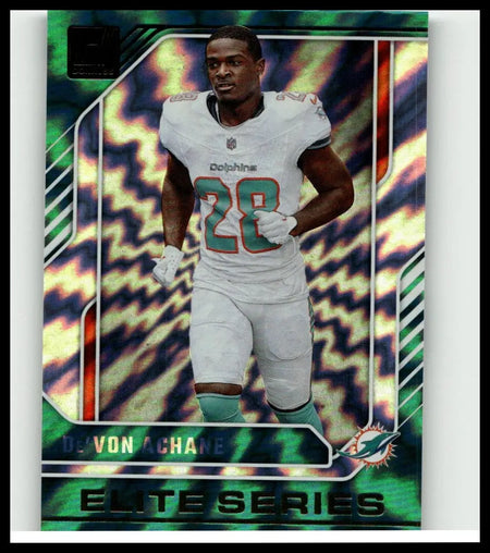 2024 Donruss achane elite series football card featuring de’von achane in white teal and orange dolphins jersey number 28