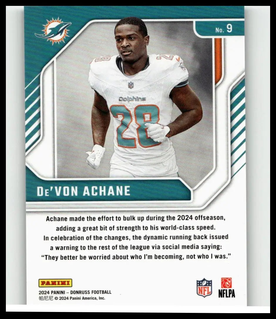 White and teal miami dolphins football trading card featuring de’von achane in number 28 jersey from achane elite series