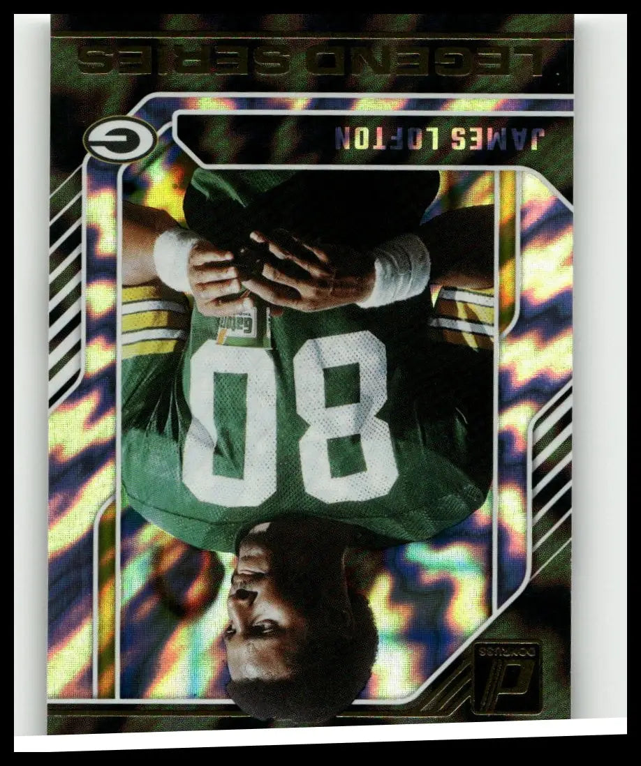 Green and white football jersey number 80 with upside-down player in vibrant holographic background from james lofton legend series