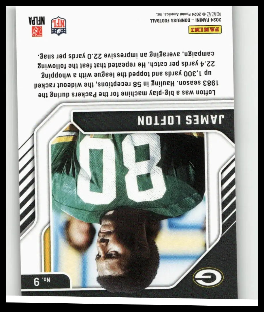 2024 donruss #9 james lofton legend series football card featuring lofton in green jersey with white number 8 and geometric border