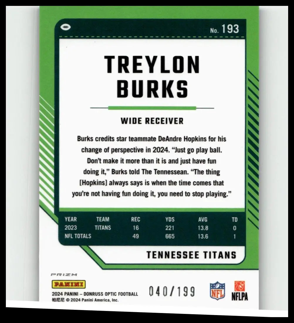 Green and white 2024 donruss optic #193 treylon burks blue football trading card numbered to 199 for tennessee titans fans