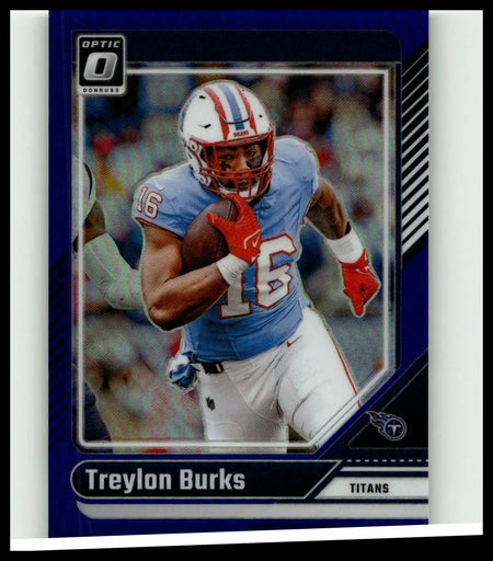 Blue and white donruss optic 2024 treylon burks football trading card numbered to 199 in action pose