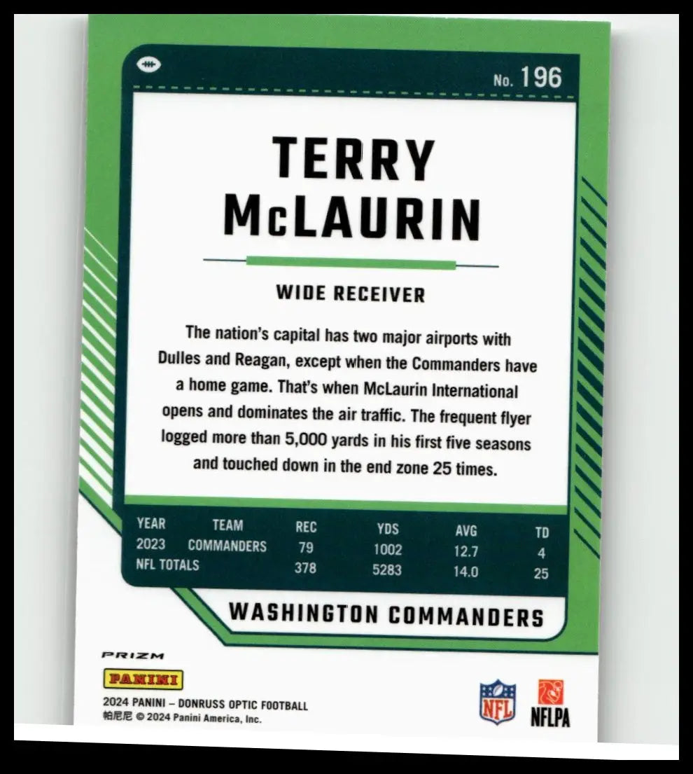 Green and white donruss optic 2024 trading card featuring terry mclaurin holo wide receiver for washington commanders