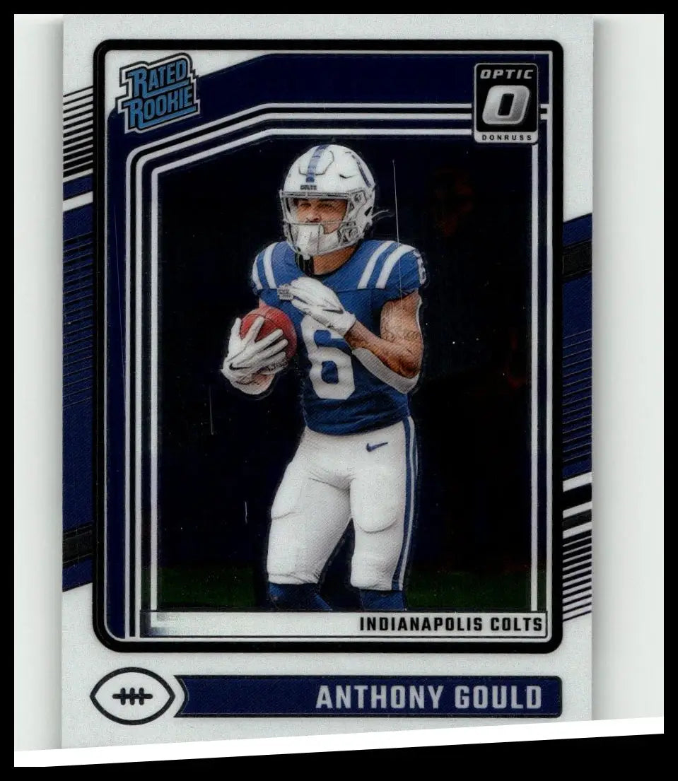 Blue and white donruss optic 2024 football trading card of anthony gould in number 6 colts uniform collectible action figure