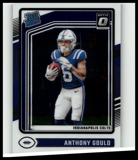 Blue and white donruss optic 2024 football trading card of anthony gould in number 6 colts uniform collectible action figure