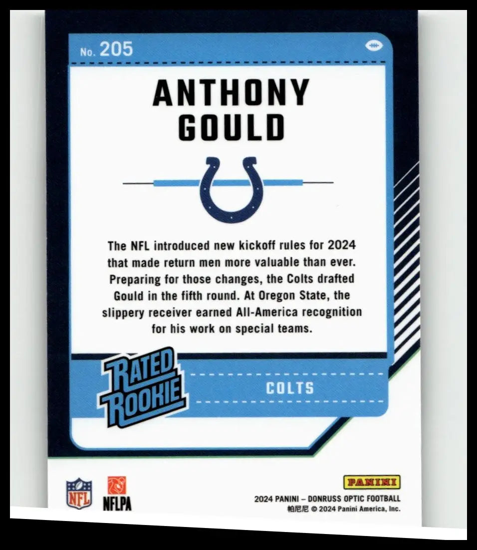 Blue and white donruss optic football trading card featuring rookie anthony gould of the indianapolis colts