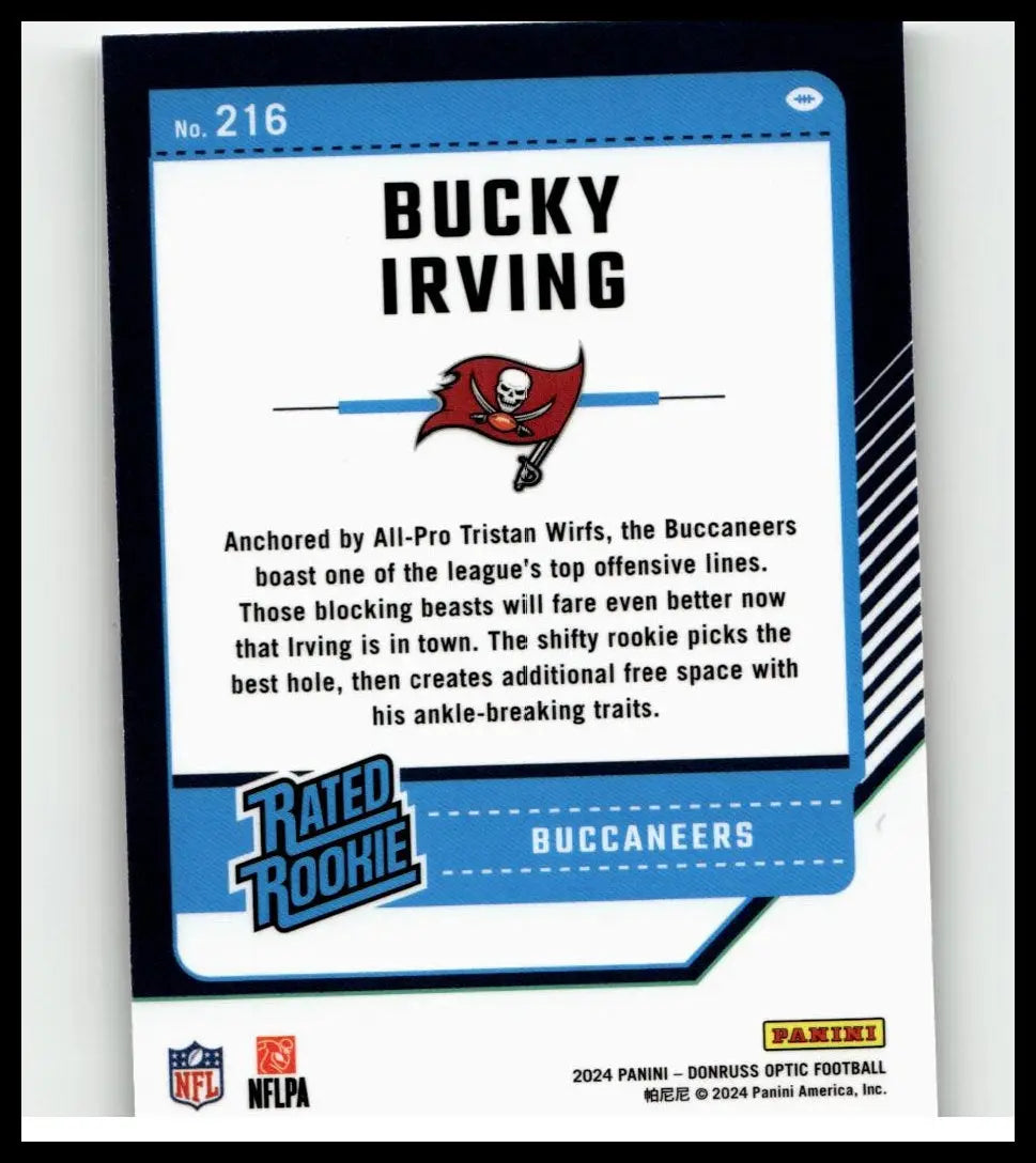 Blue and white donruss optic nfl trading card of bucky irving rated rookie from 2024 featuring action and toy figures