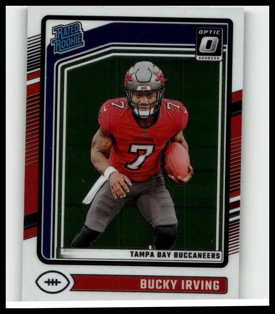 Red and gray donruss optic 2024 football card featuring bucky irving in his number 7 jersey for action and toy figures
