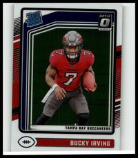 Red and gray donruss optic 2024 football card featuring bucky irving in his number 7 jersey for action and toy figures