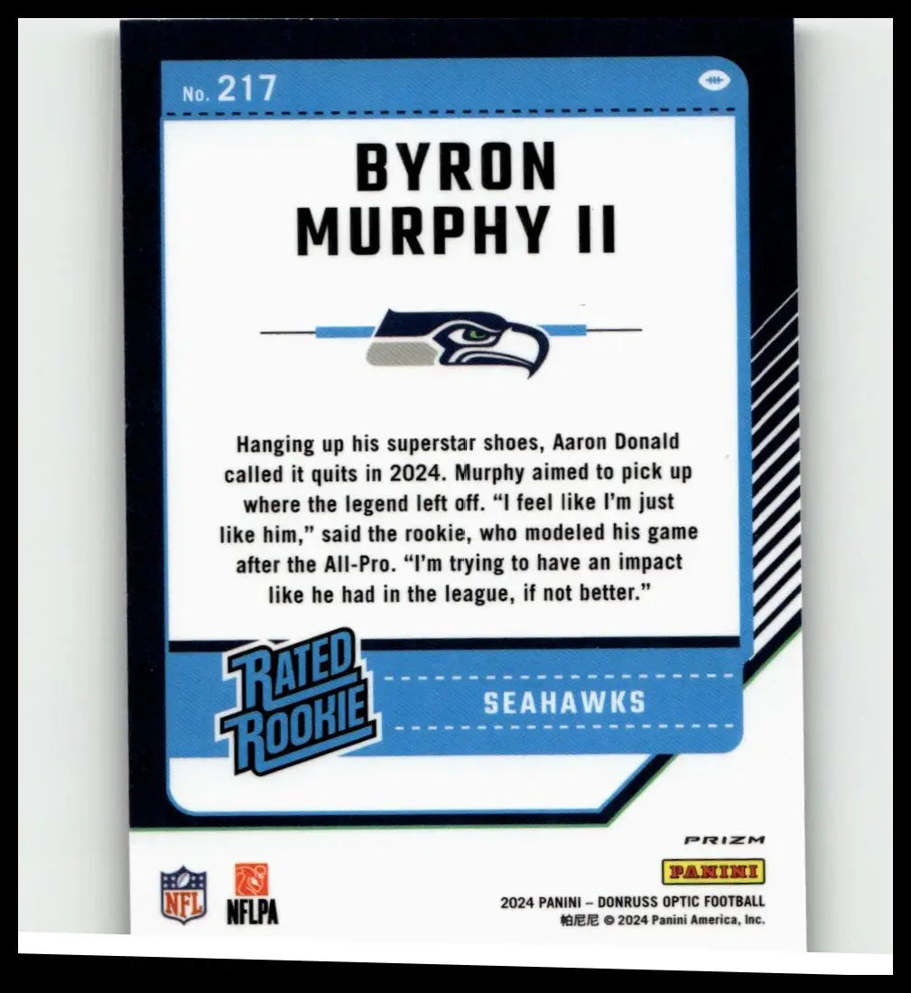Blue and white donruss optic nfl trading card featuring seattle seahawks rated rookie byron murphy ii purple shock