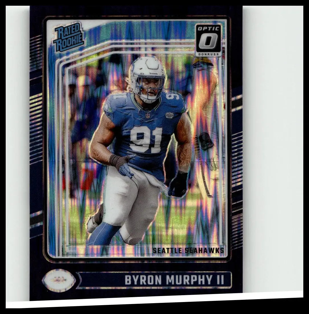 Blue and white seattle seahawks donruss optic football card featuring byron murphy ii in a running pose with holographic borders