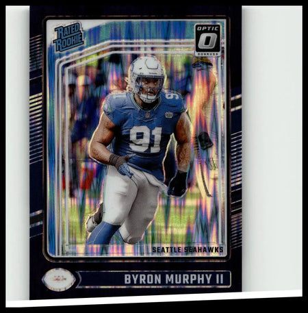 Blue and white seattle seahawks donruss optic football card featuring byron murphy ii in a running pose with holographic borders