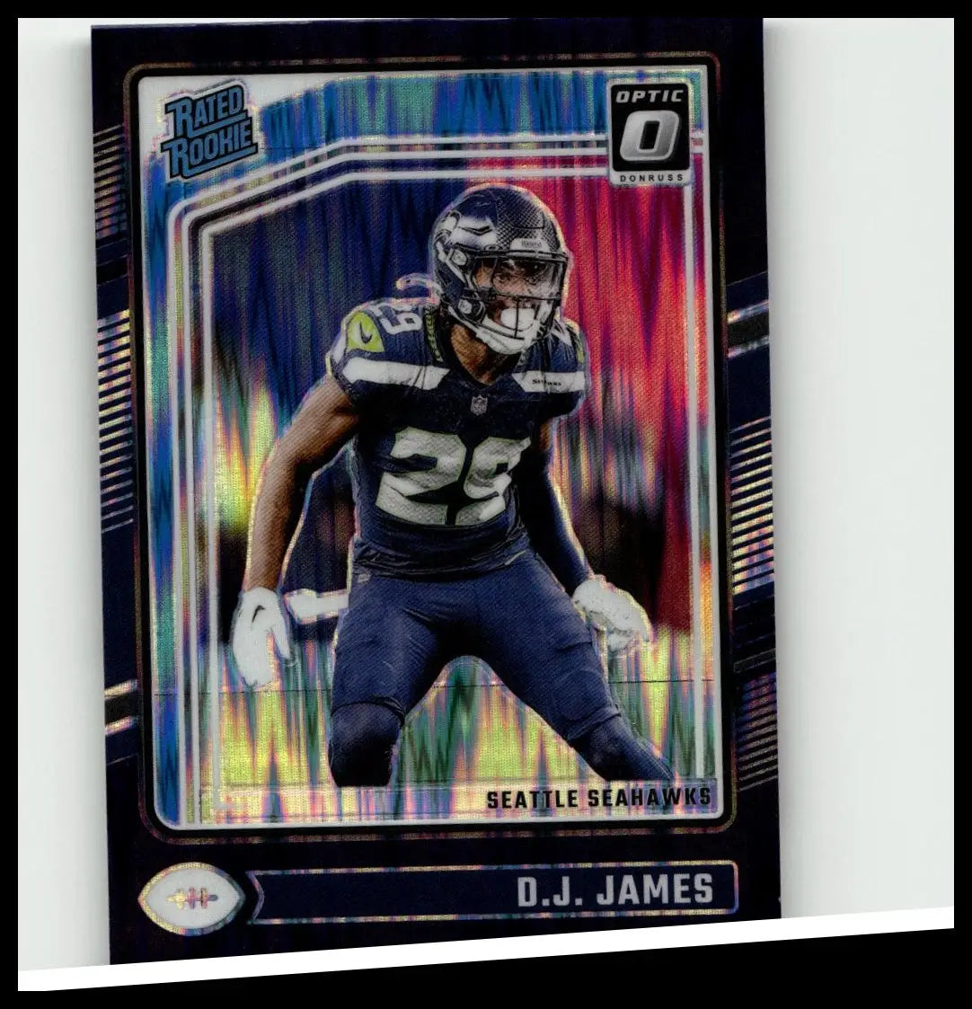 This donruss optic 2024 holographic james holo rated rookie football trading card features d.j. james