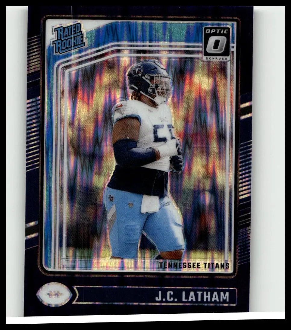 This is a blue and white tennessee titans football trading card from 2024 Donruss Optic latham purple shock series