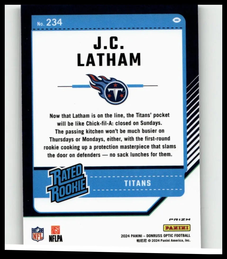 Blue and white donruss optic football trading card featuring j.c. latham purple shock 2024 edition number 234