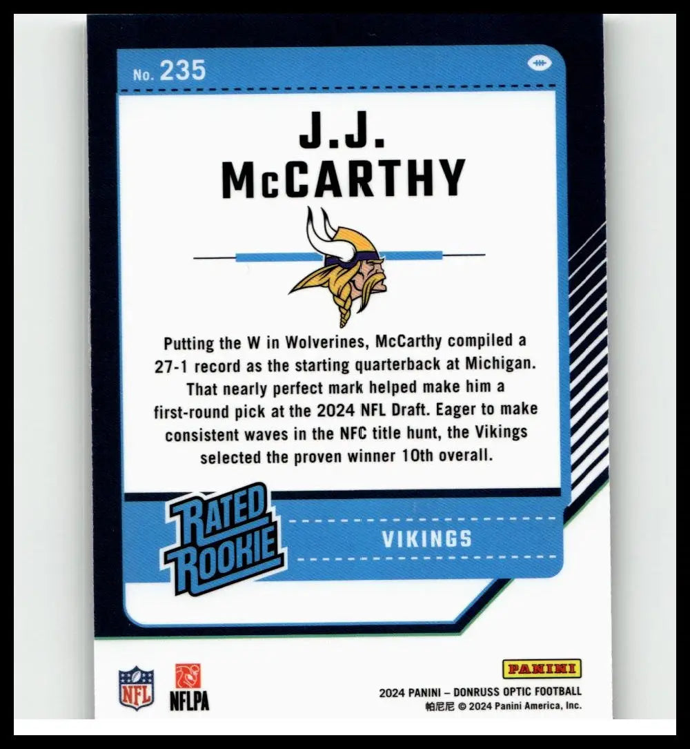 Blue and white donruss optic football trading card featuring j.j. mccarthy from 2024 toys and games collection