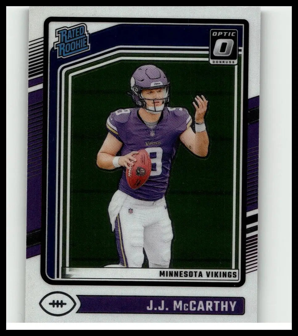 Purple and white minnesota vikings football card of j.j. mccarthy from 2024 donruss optic toys and games collection