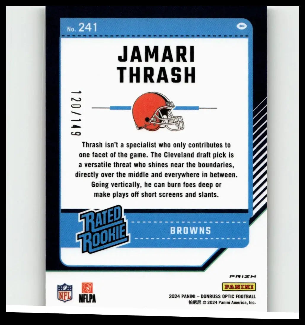 2024 donruss optic #241 jamari thrash holo trading card featuring an orange and silver football helmet with a white faceguard