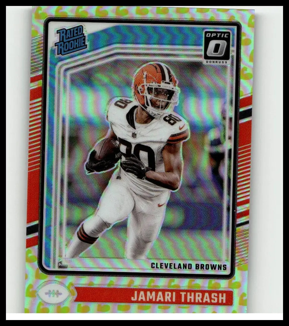A vibrant 2024 Donruss Optic holo football card of Jamari Thrash in white Cleveland Browns uniform number 80